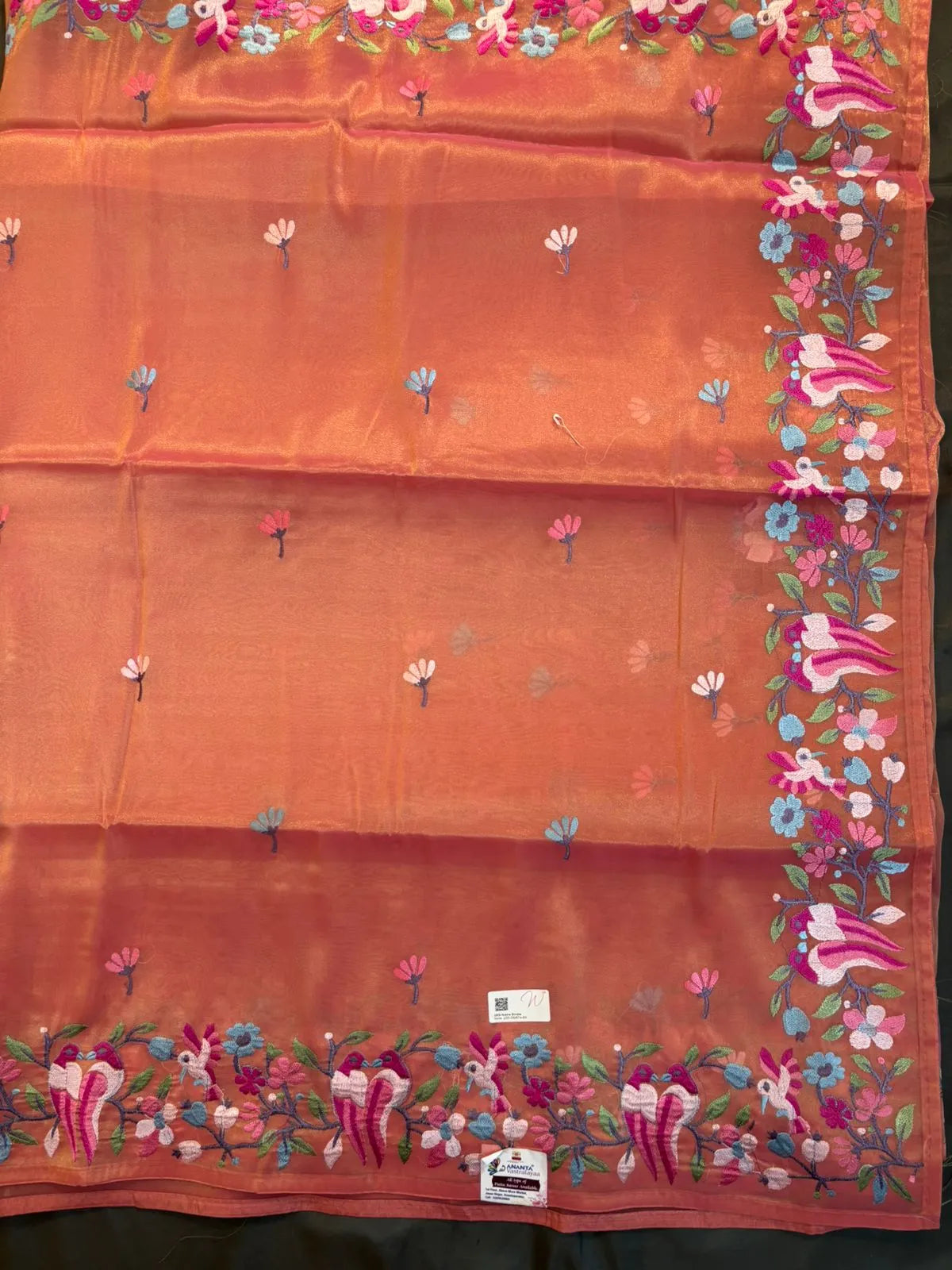 Peach Glass Tissue Saree with Embroidery