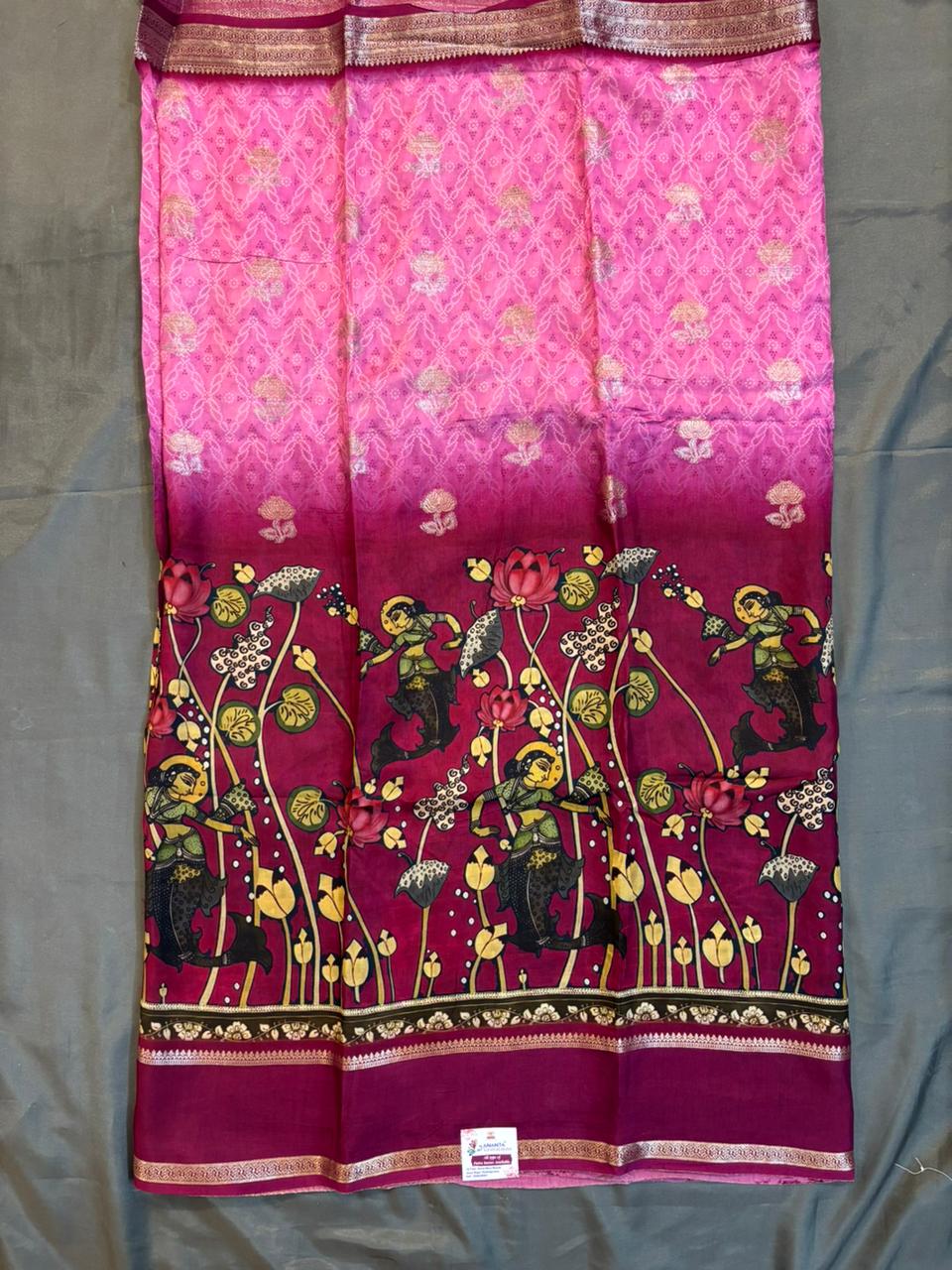 Mysore Crap – Bandhini Print Saree with Kalamkari Border