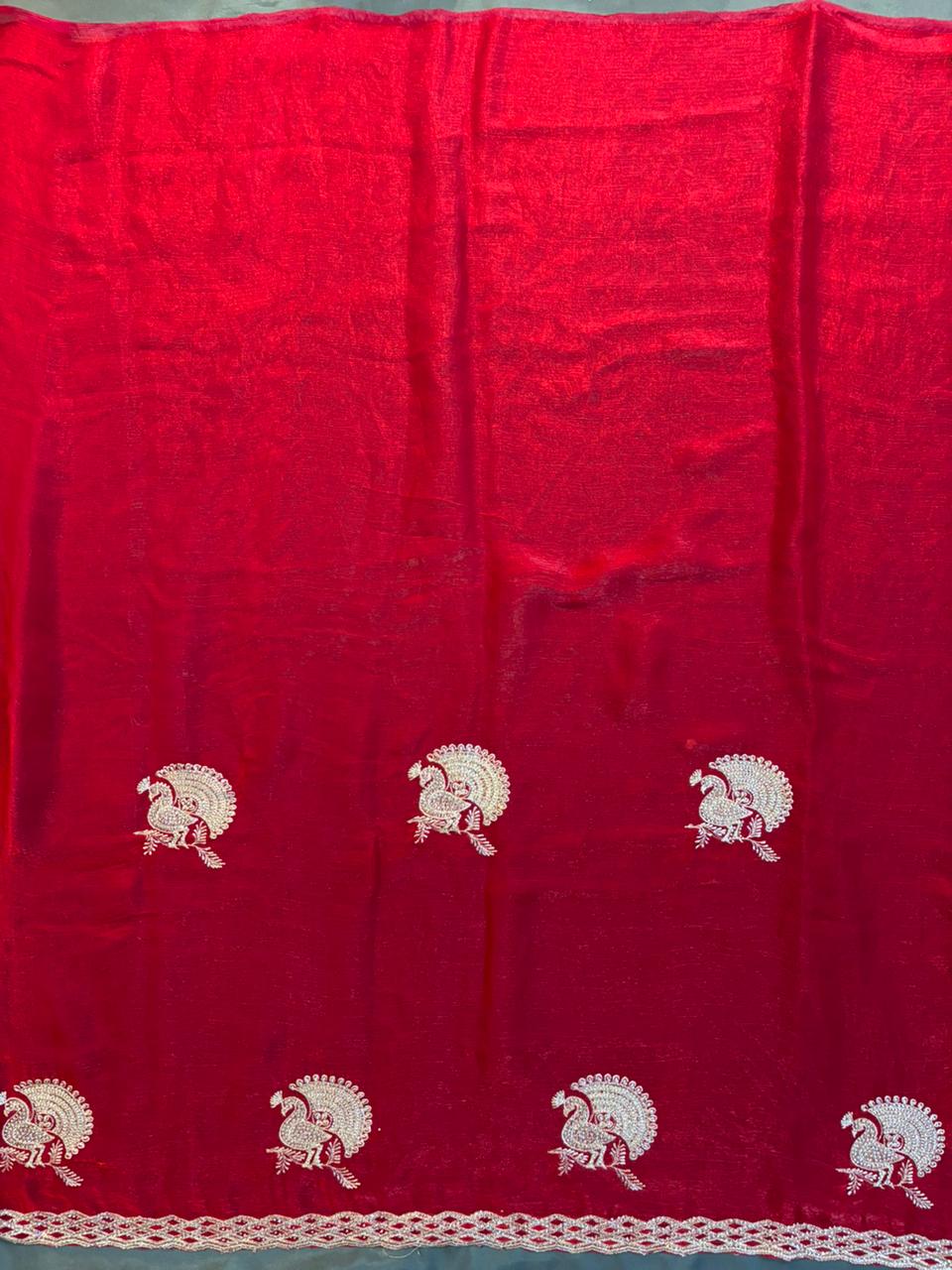 Jerry Peacock Stone Embroidery Saree - Red