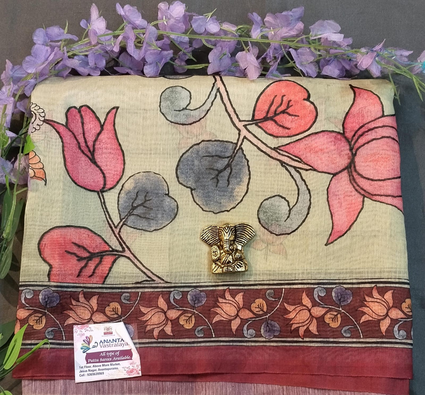 Peach Cotton Saree with Lotus Paint Design