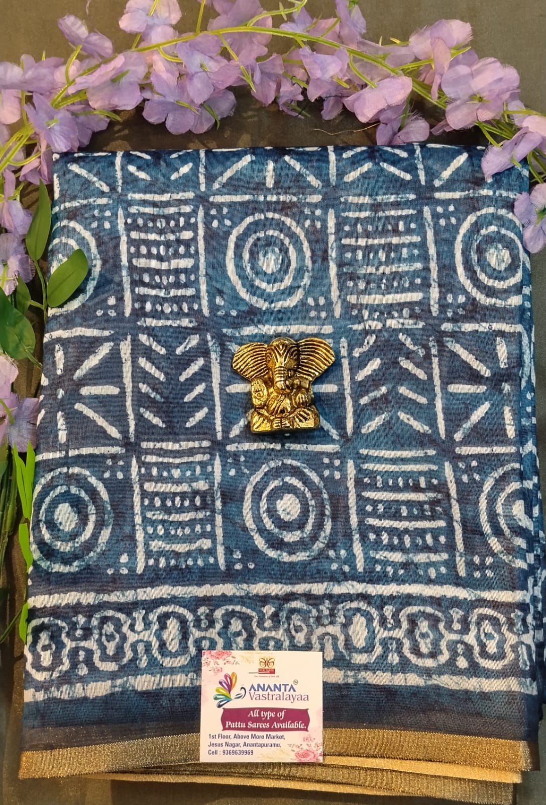 Blue Cotton Saree with Batik Pattern