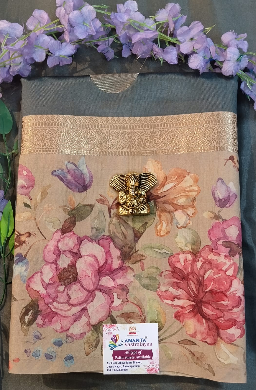 Onion Pink Tussar Saree with Floral Print