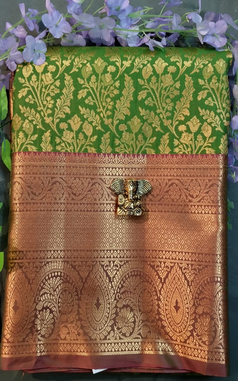 Mehandi Green Kanchi Pattu Mix Silk Saree