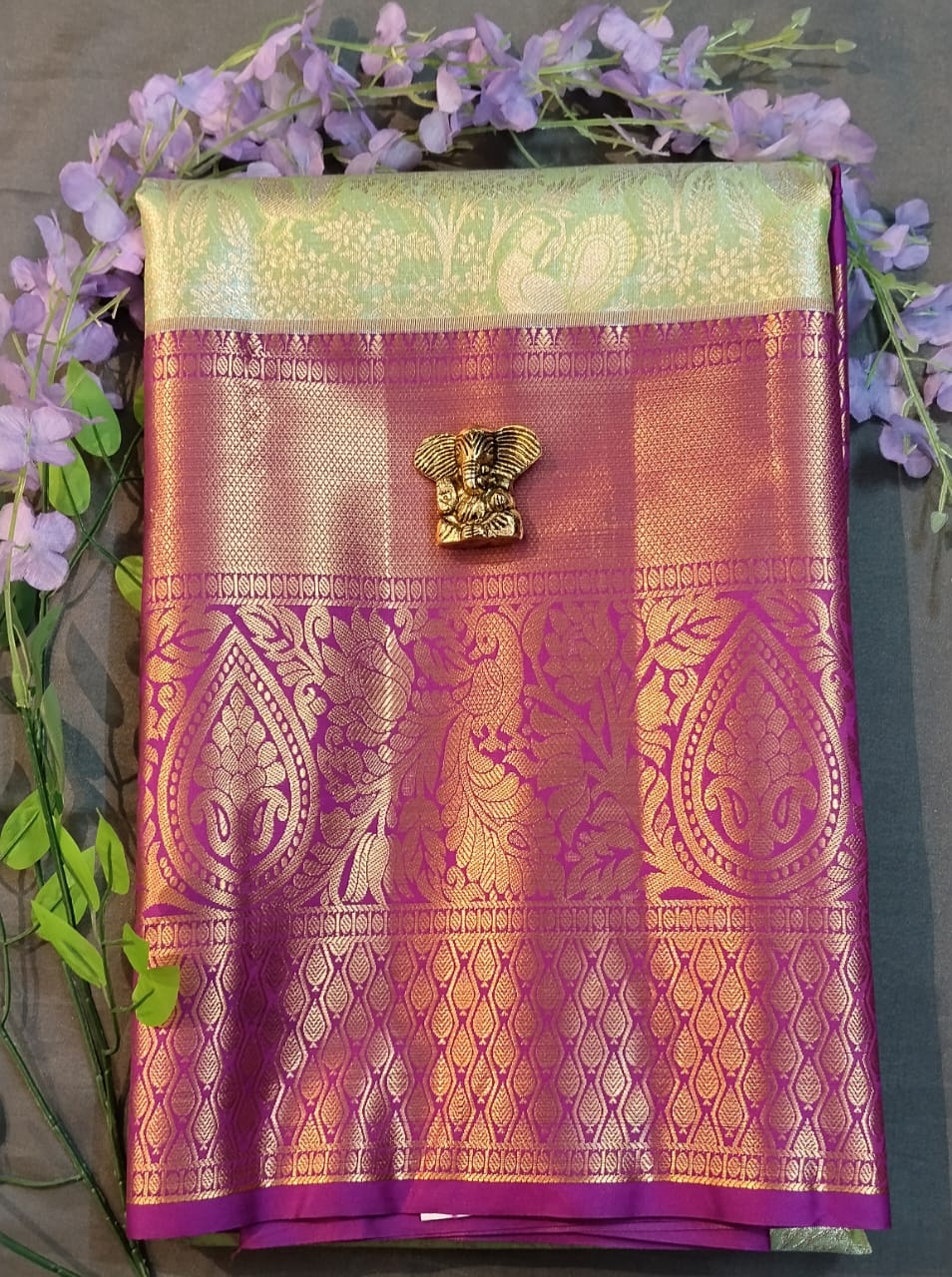 Parrot Green DMM Pattu Silk Saree