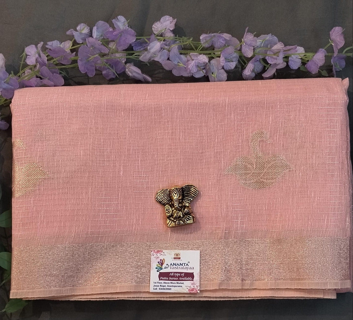 Baby Pink Tussar Silk Saree with Big Buttas