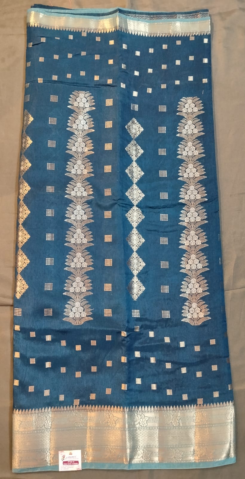 Blue Banarasi Silk Saree with Temple Border