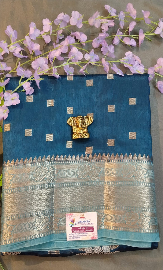 Blue Banarasi Silk Saree with Temple Border