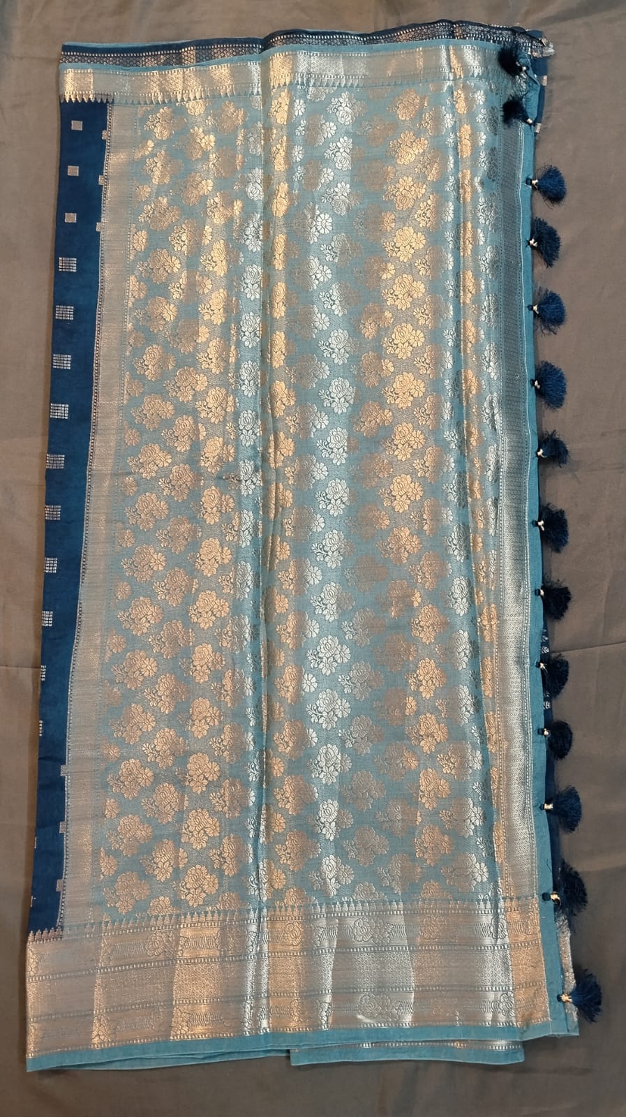 Blue Banarasi Silk Saree with Temple Border