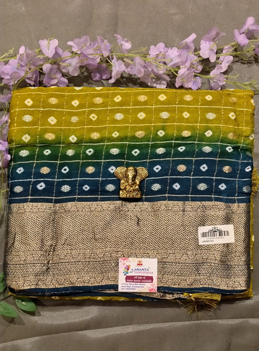 Mehandi Green Jarget Silk Saree with Bandhini Design