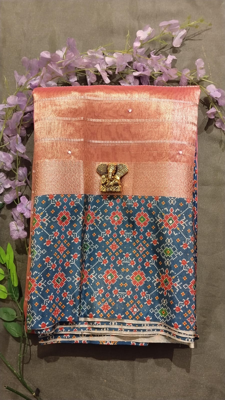 Gold Patola Tissue Saree with Mirror Work
