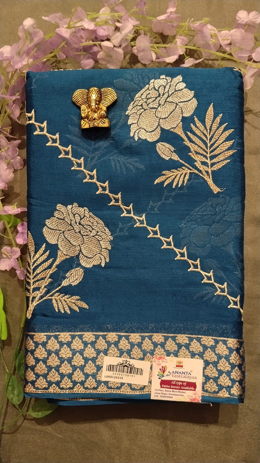 Blue Viscose Silk Saree with Floral Zari Work