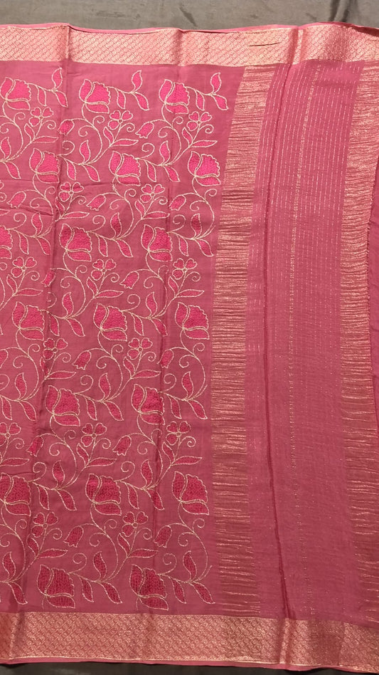 Baby Pink Chinon Jarget Saree with Pichwai Work