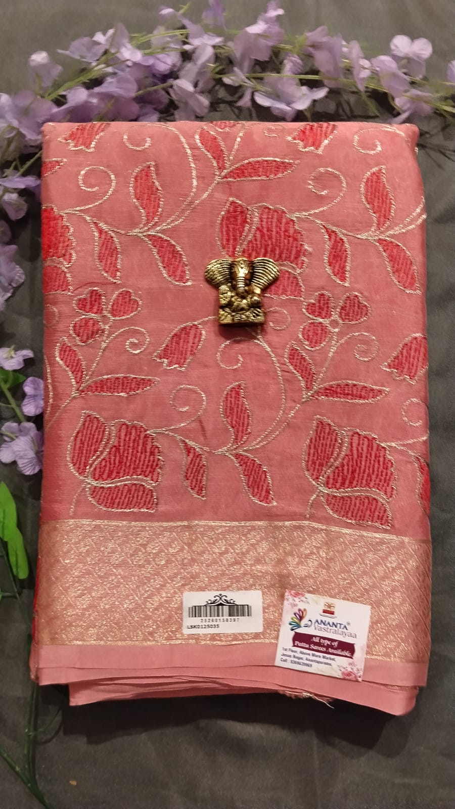 Baby Pink Chinon Jarget Saree with Pichwai Work