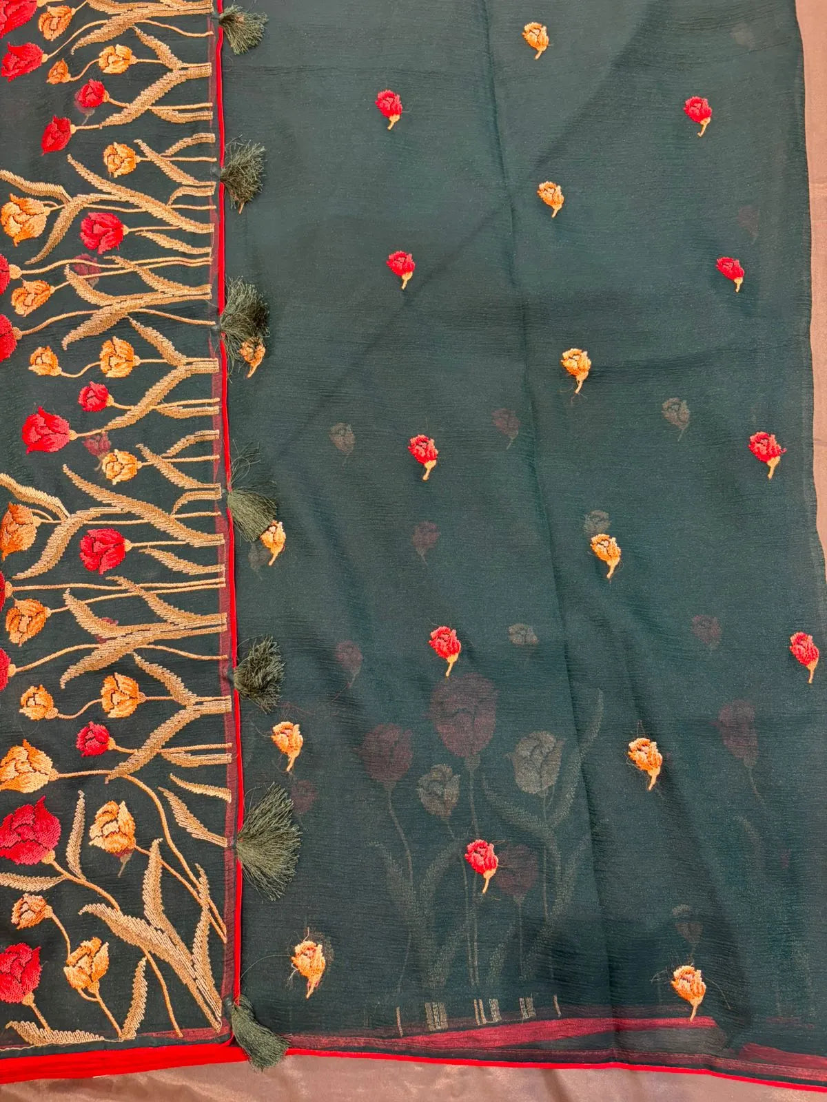 Green Crushed Chinon Chiffon Saree