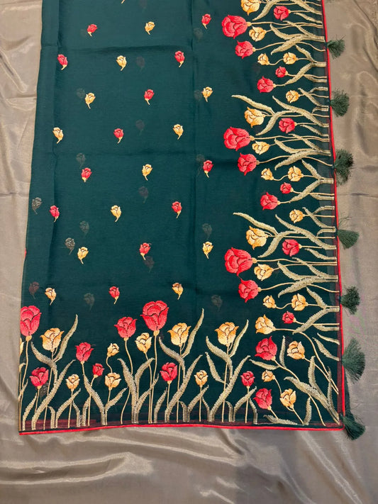 Green Crushed Chinon Chiffon Saree