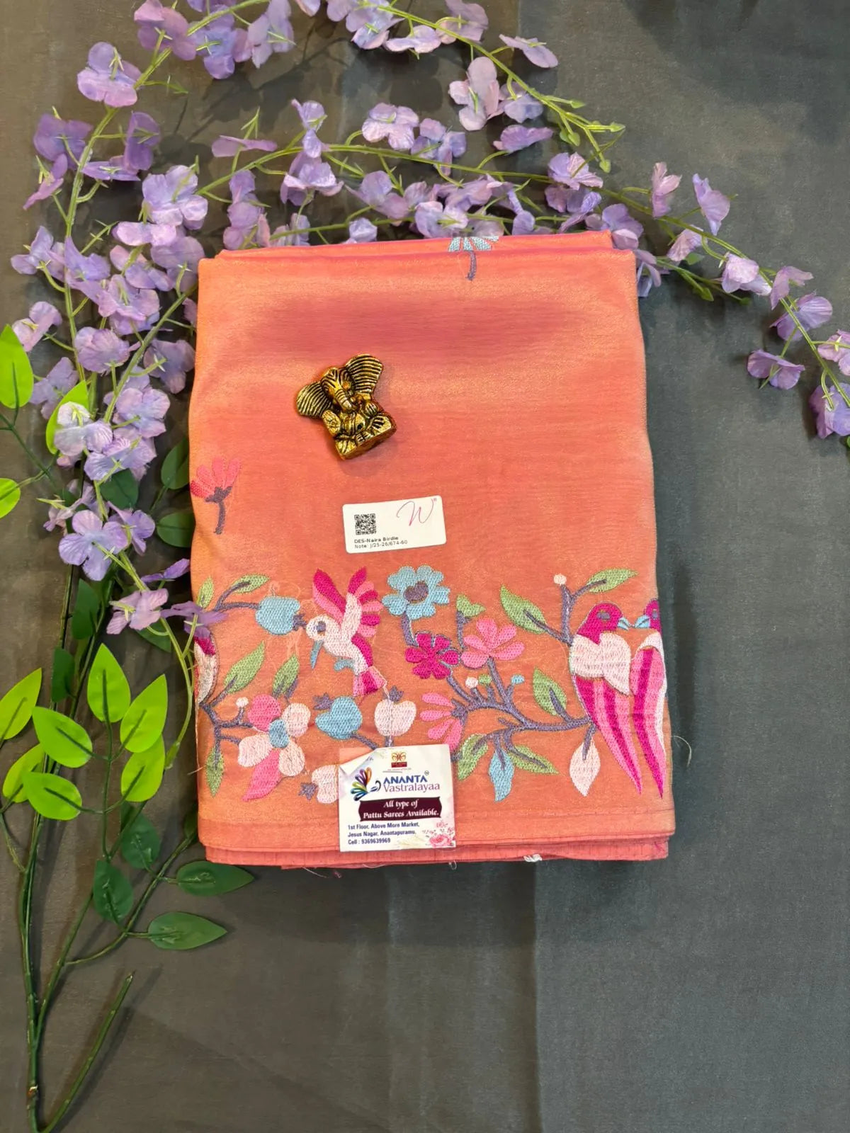 Peach Glass Tissue Saree with Embroidery