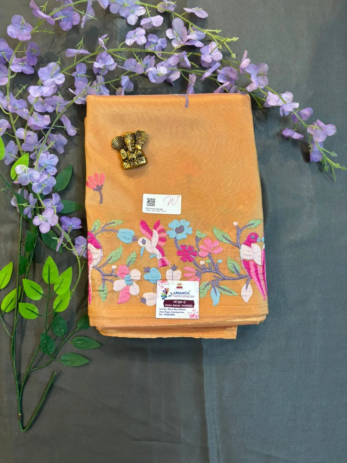 Peach Glass Tissue Saree with Embroidery