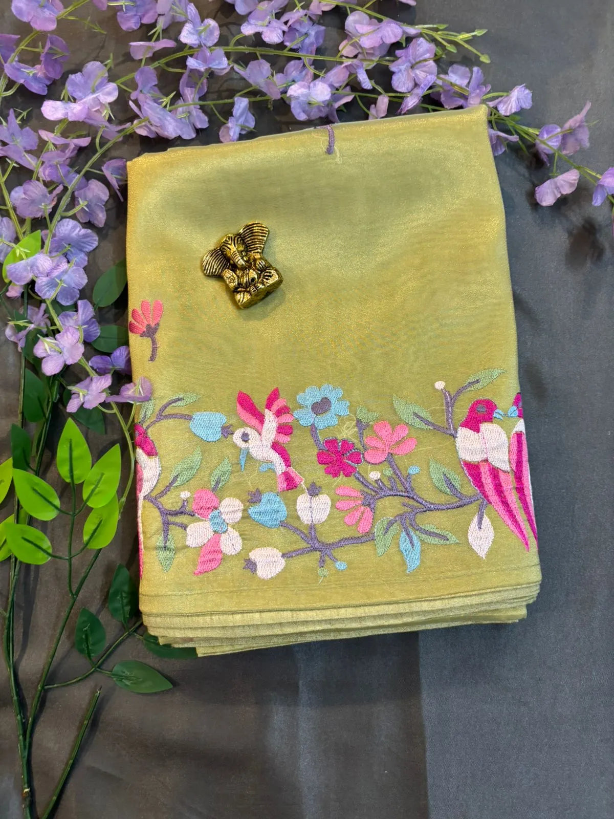 Peach Glass Tissue Saree with Embroidery