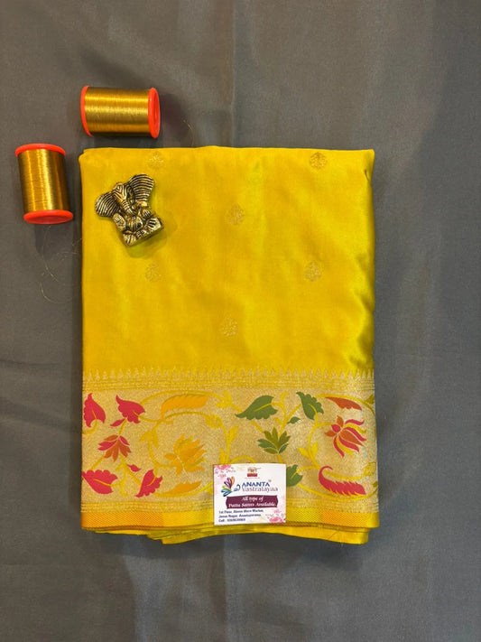 Yellow Mushroom Silk Saree with Meenakari Border