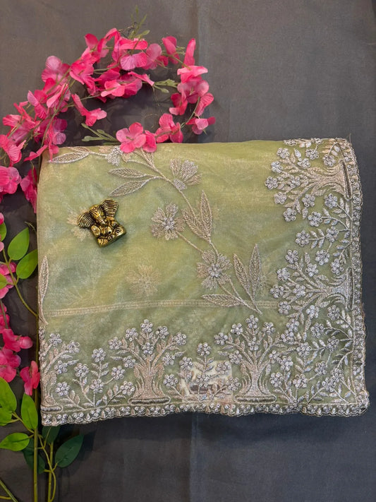 Green Net Tissue Saree with Silver Jerry Embroidery