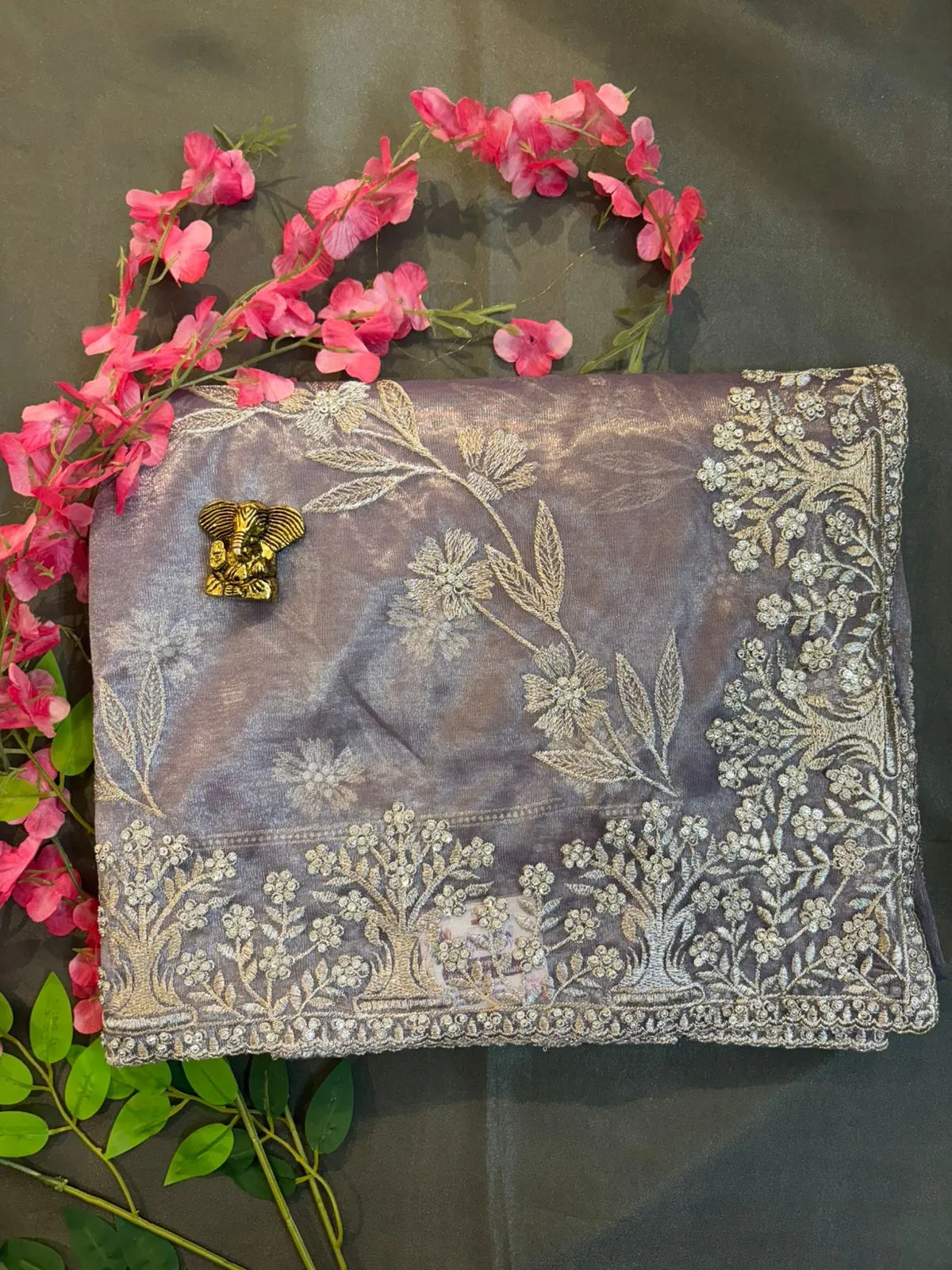 Green Net Tissue Saree with Silver Jerry Embroidery