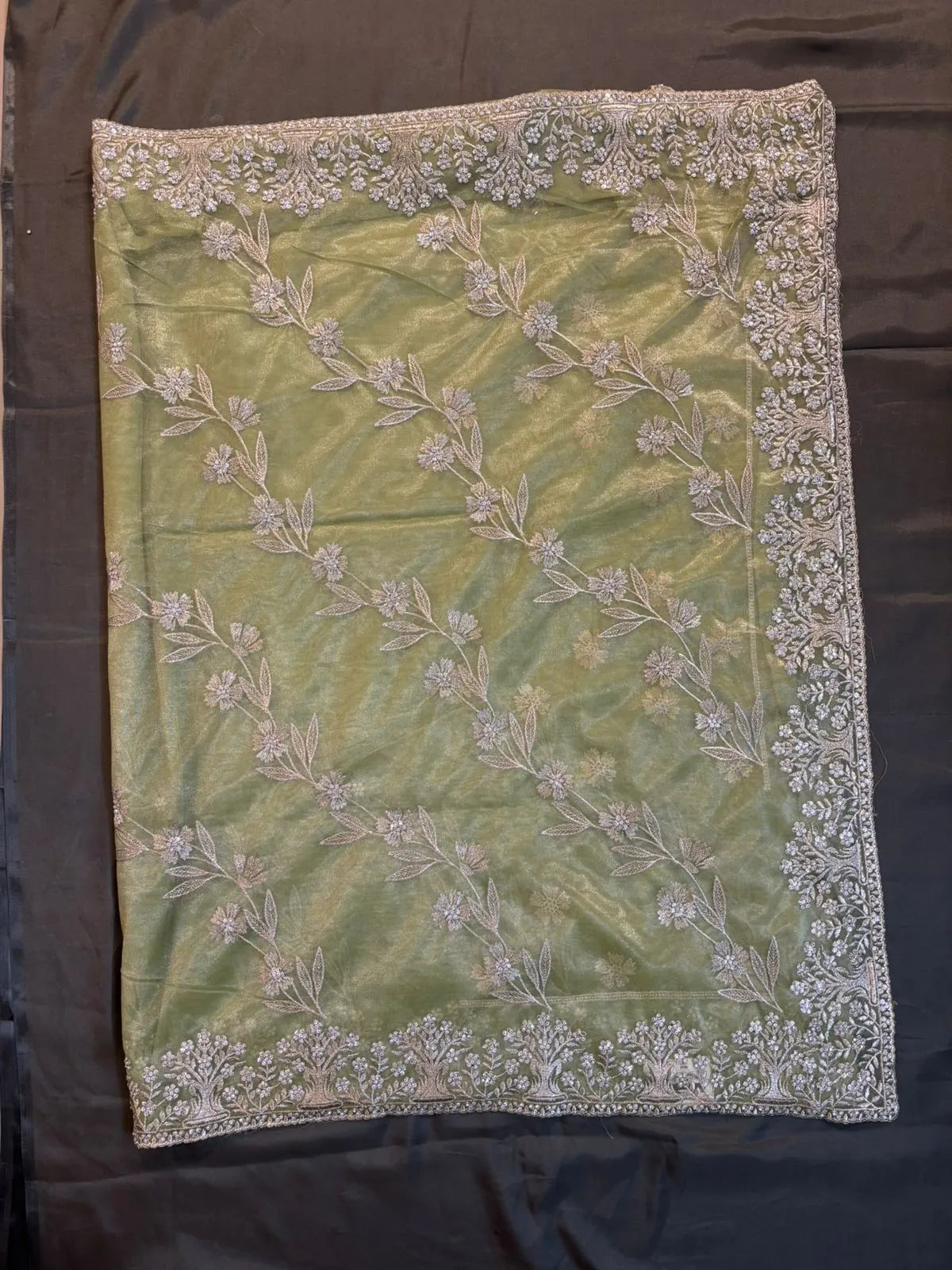 Green Net Tissue Saree with Silver Jerry Embroidery