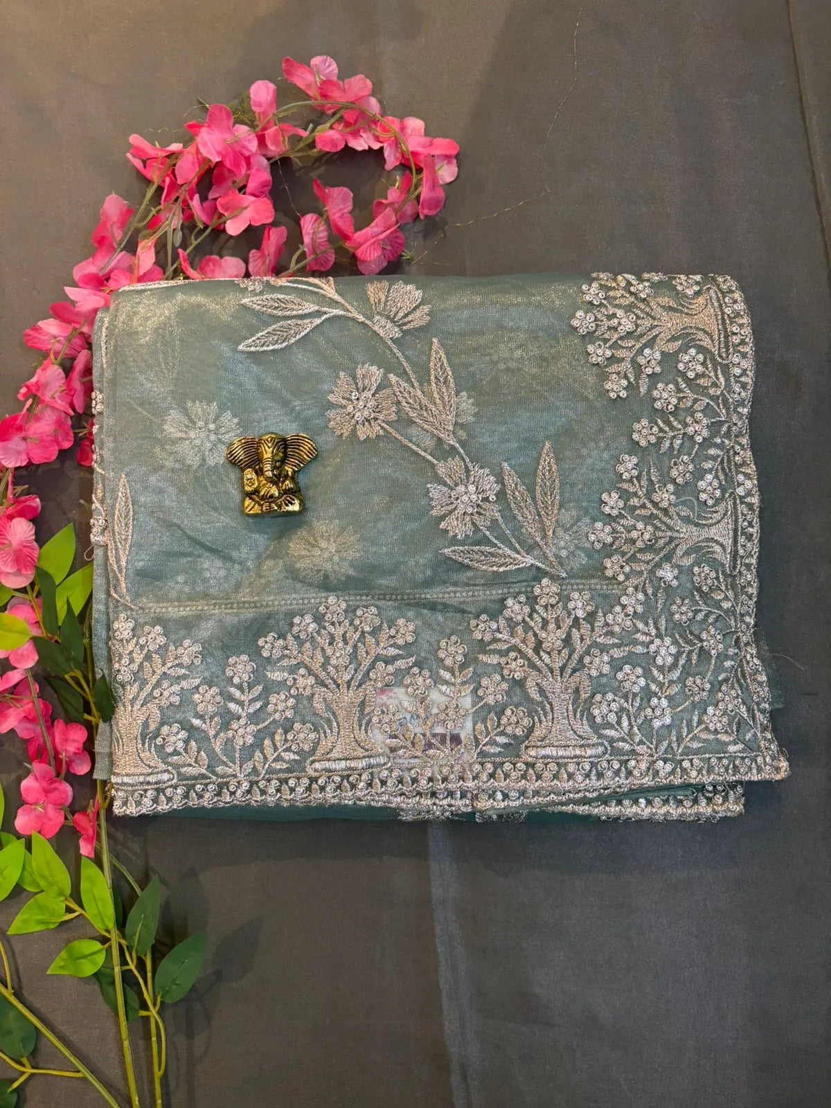 Green Net Tissue Saree with Silver Jerry Embroidery