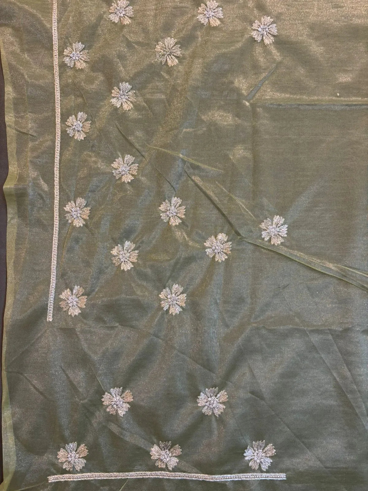 Green Net Tissue Saree with Silver Jerry Embroidery