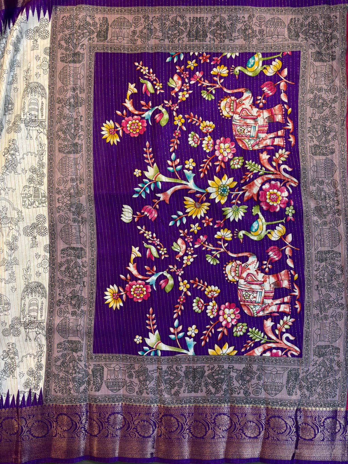 White & Violet Dola Silk Saree