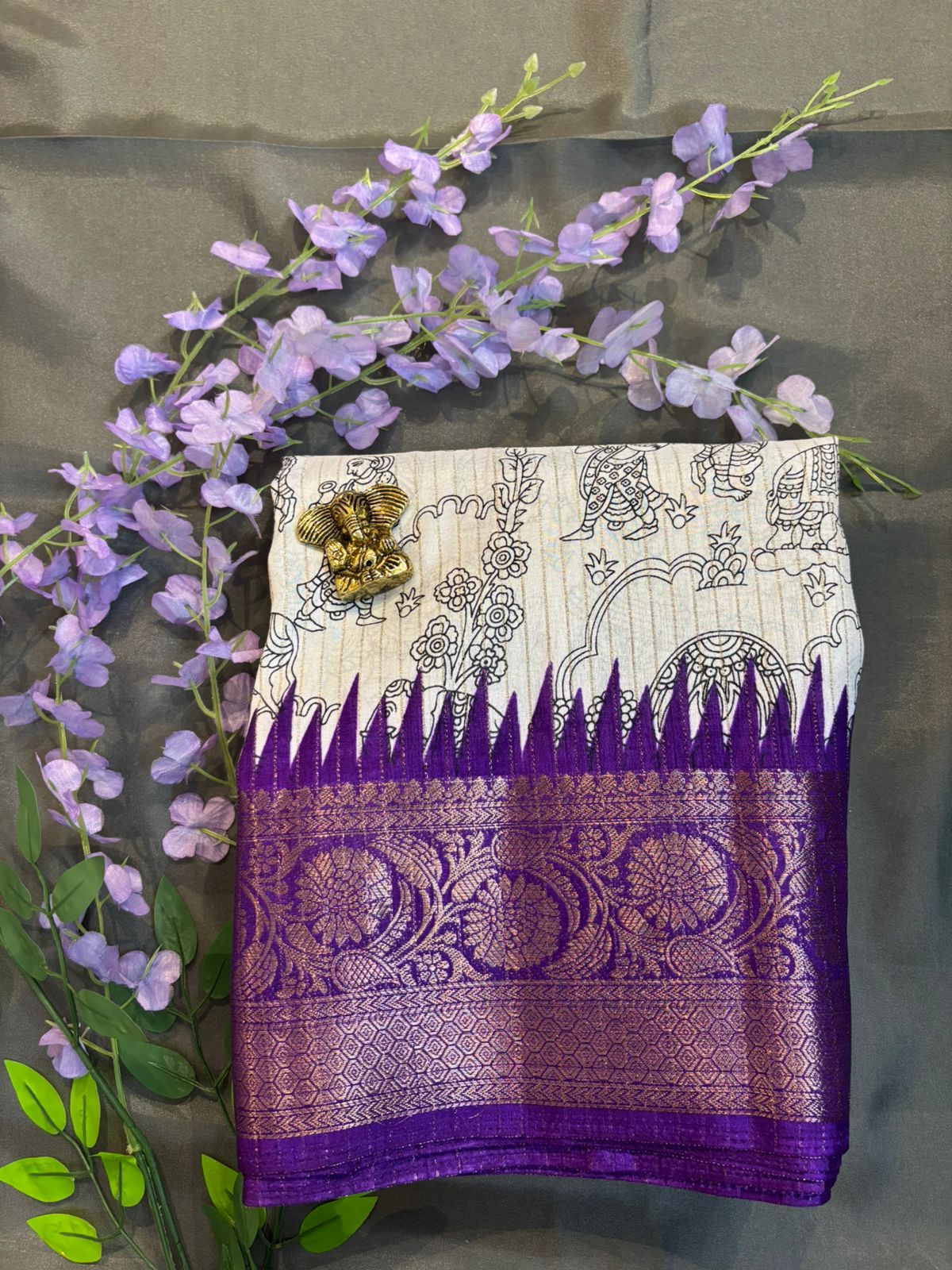 White & Violet Dola Silk Saree