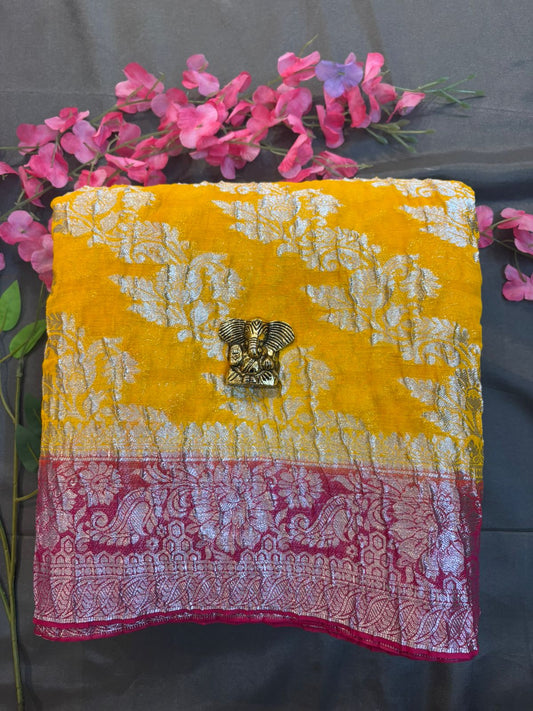 Yellow Crushed Georgette Saree