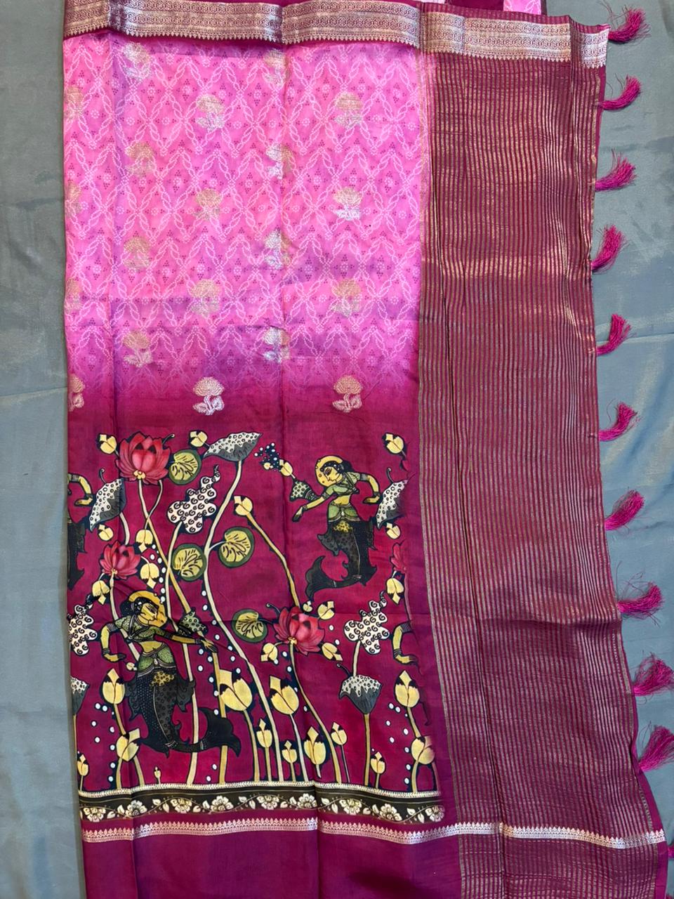 Mysore Crap – Bandhini Print Saree with Kalamkari Border