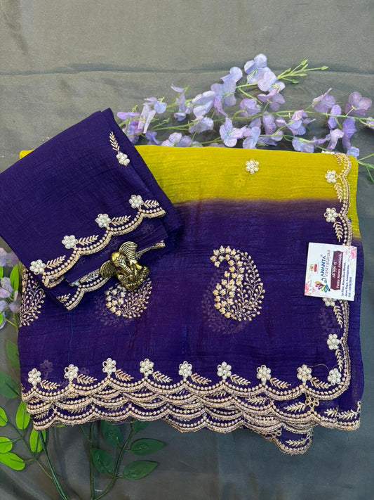 Yellow Crushed Georgette Saree