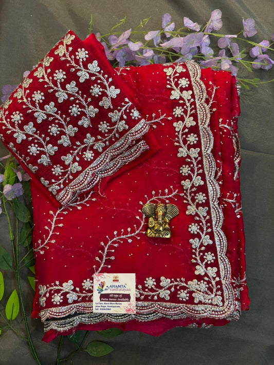 Red Crushed Chiffon Saree