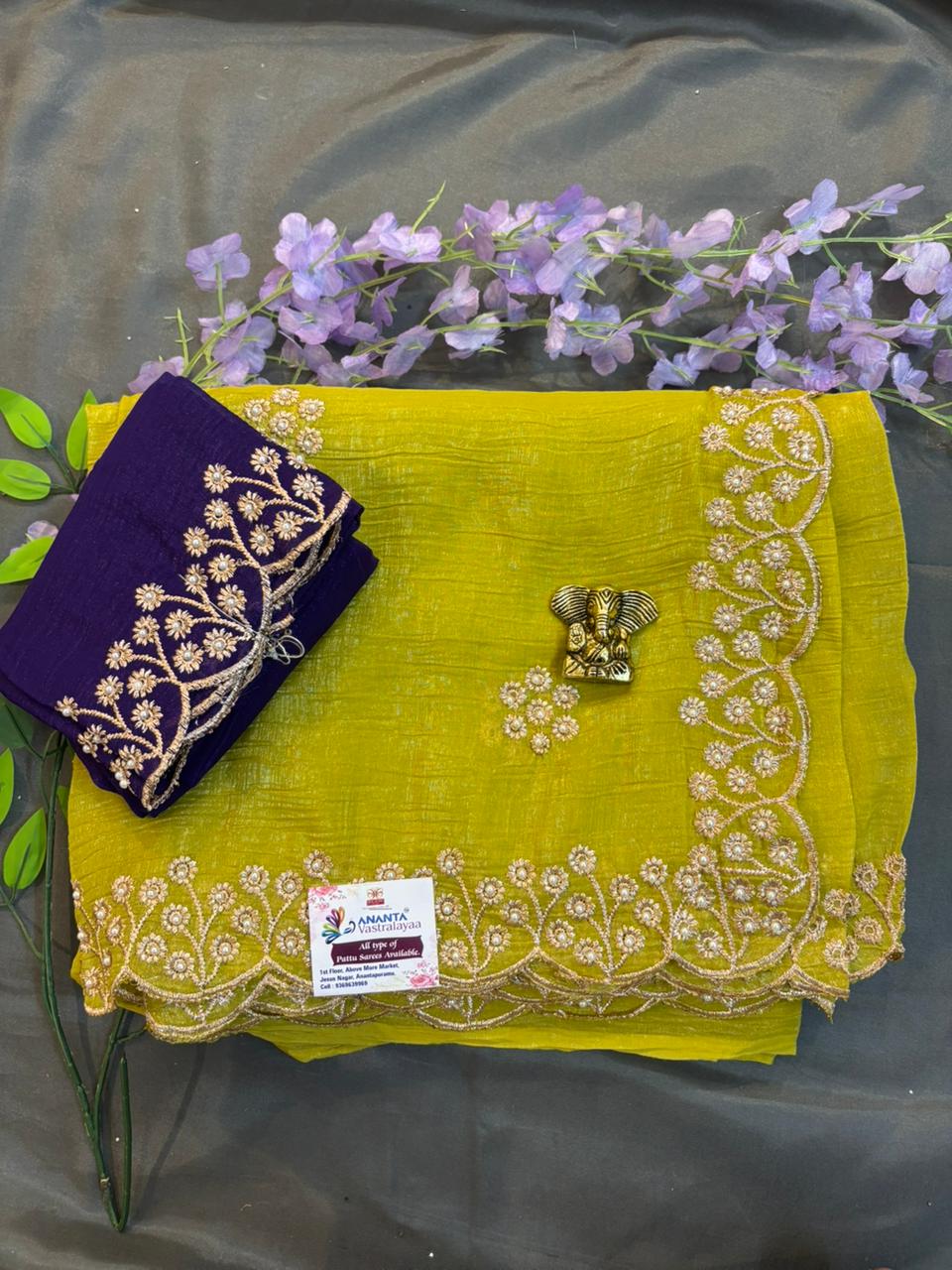 Green zimichoo saree with Gold jerry scallop border