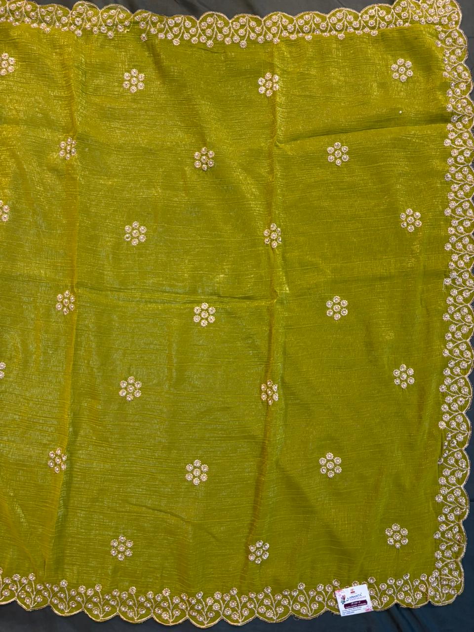 Green zimichoo saree with Gold jerry scallop border