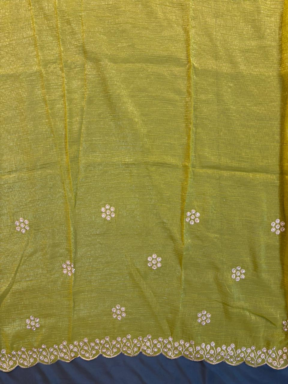 Green zimichoo saree with Gold jerry scallop border