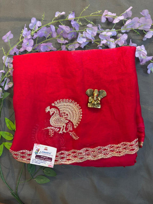 Jerry Peacock Stone Embroidery Saree - Red