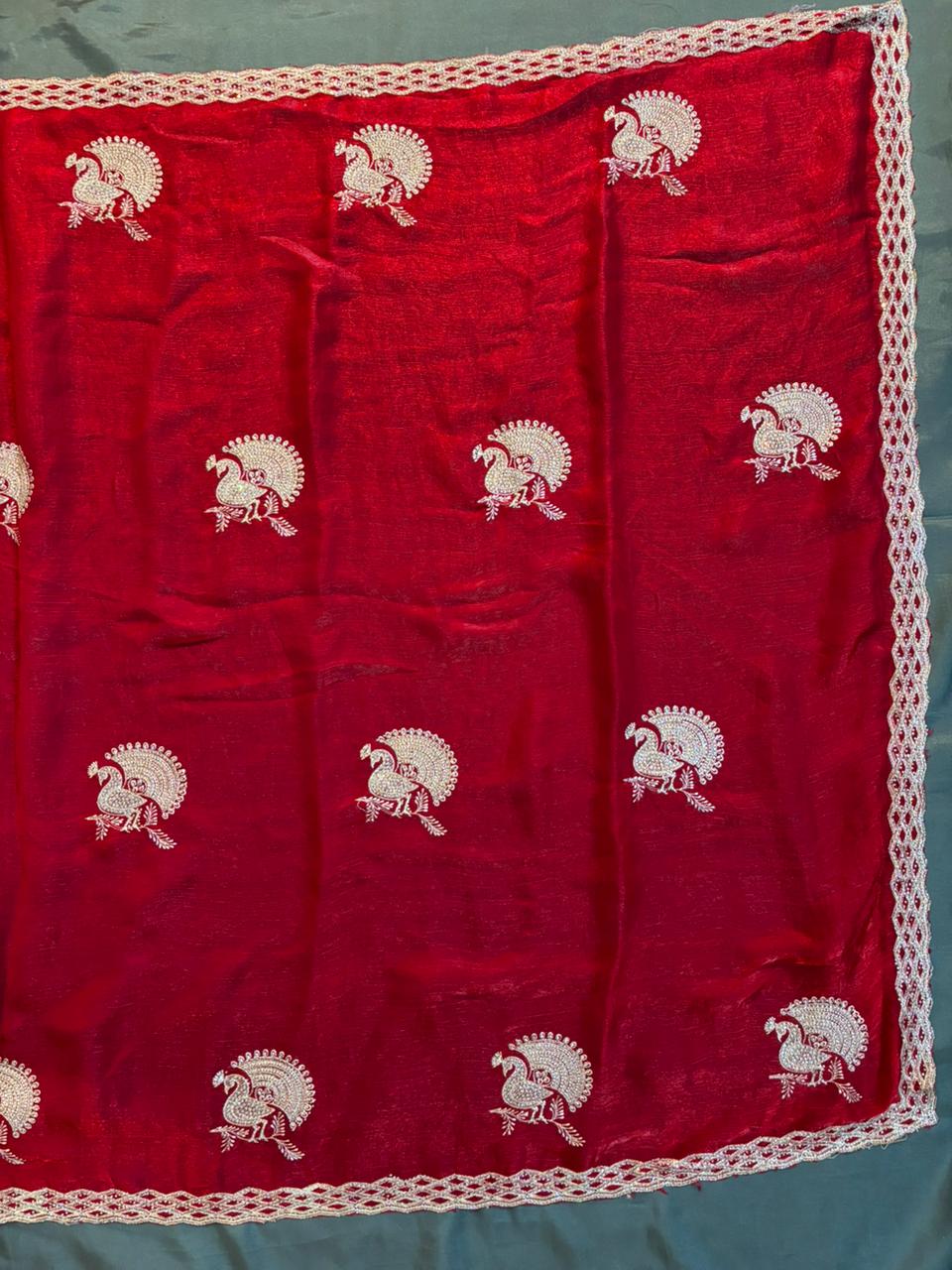 Jerry Peacock Stone Embroidery Saree - Red