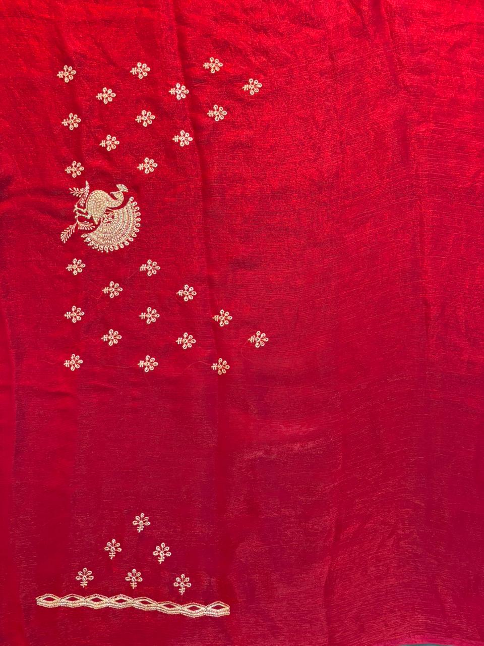 Jerry Peacock Stone Embroidery Saree - Red