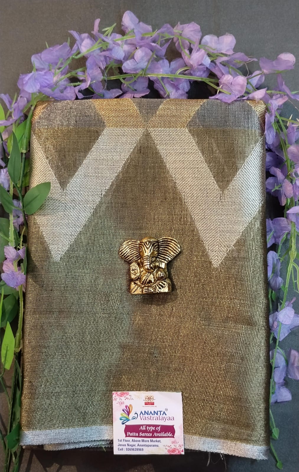 Ash & Gold Jute Silk Saree with Gold Border