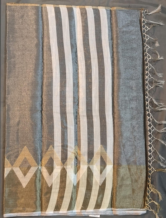 Ash & Gold Jute Silk Saree with Gold Border