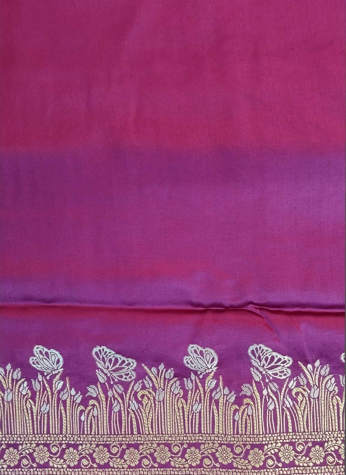 Wine Mushroom Silk Saree with Gold & Silver Buttas