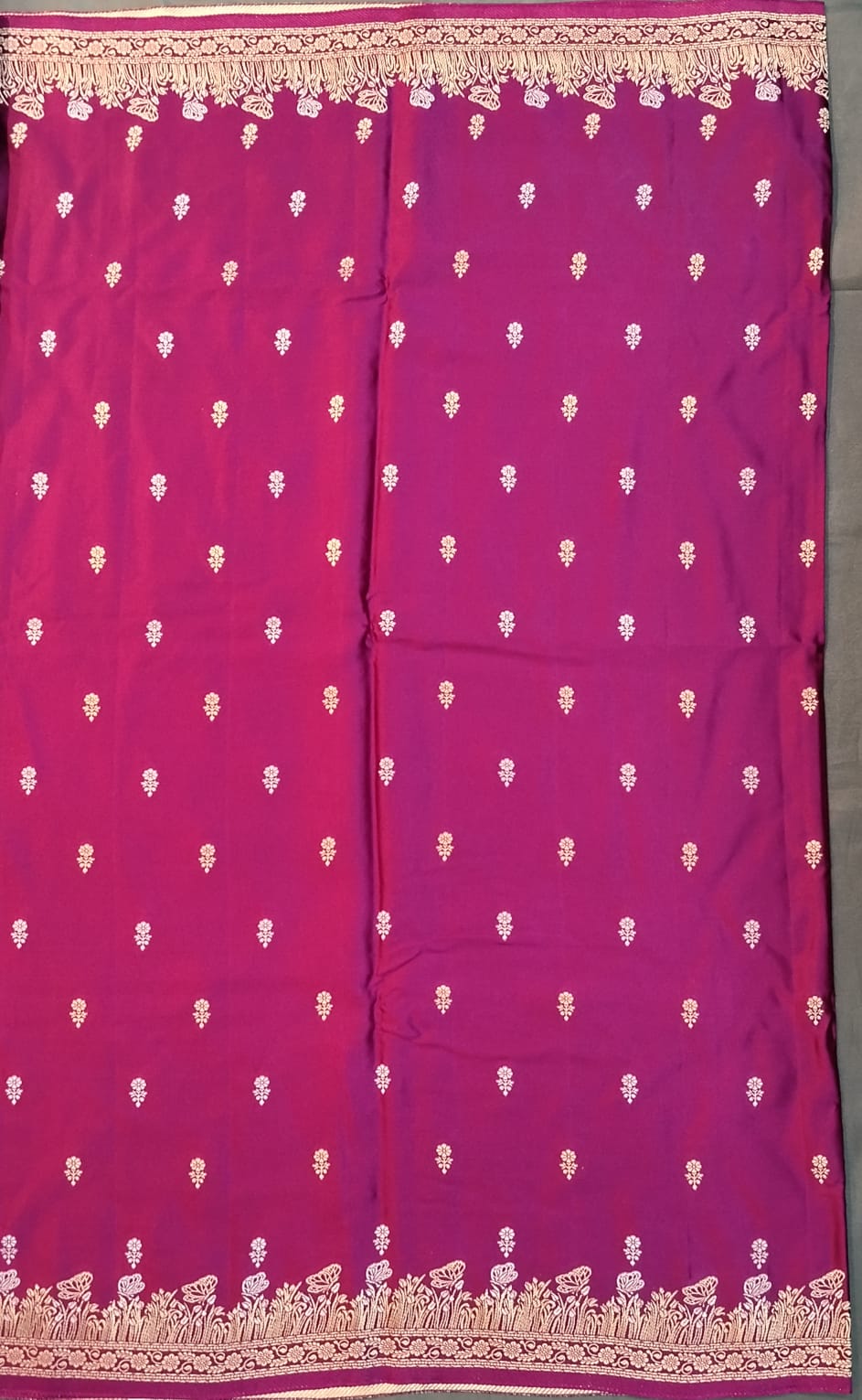 Wine Mushroom Silk Saree with Gold & Silver Buttas