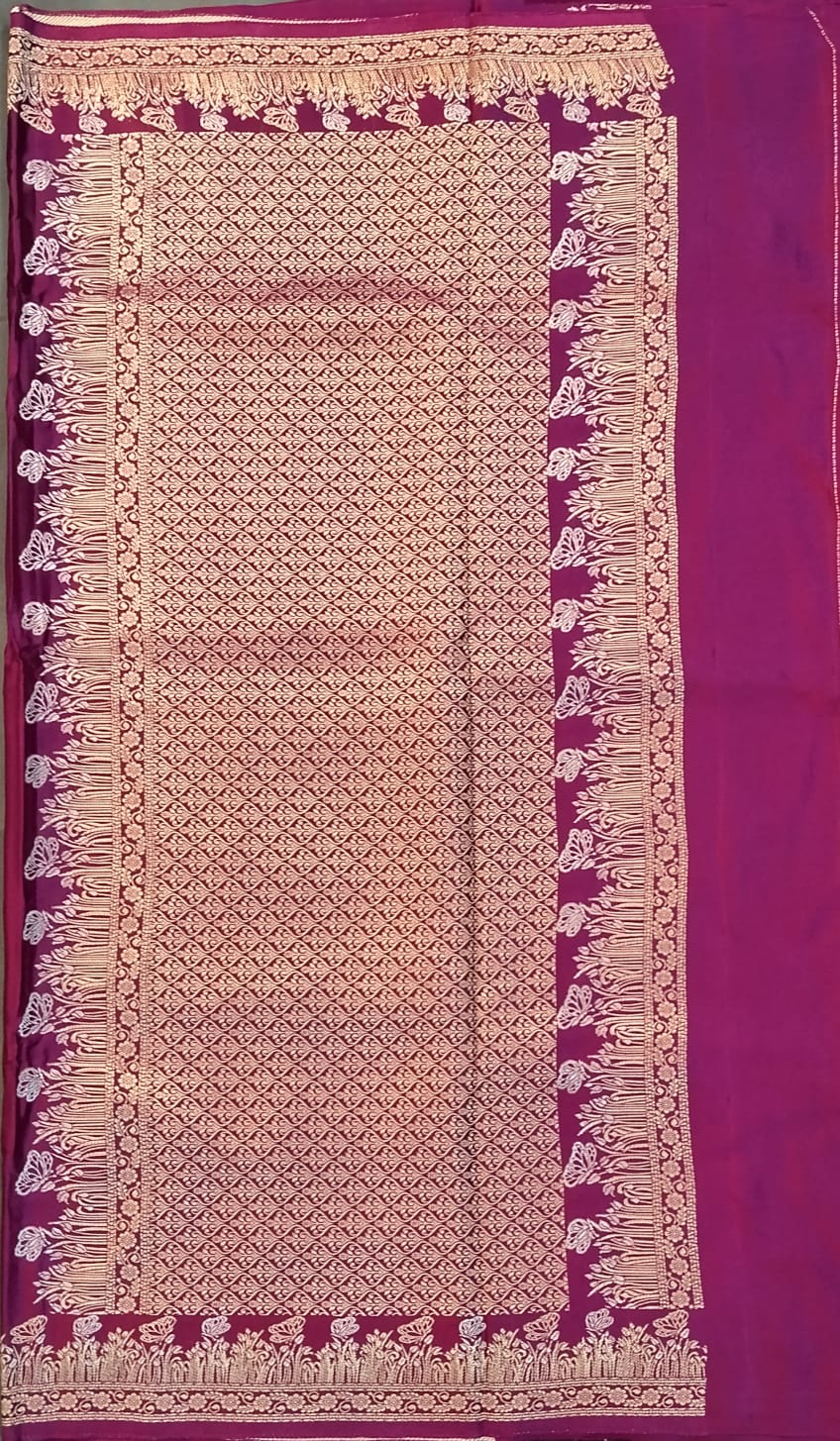 Wine Mushroom Silk Saree with Gold & Silver Buttas