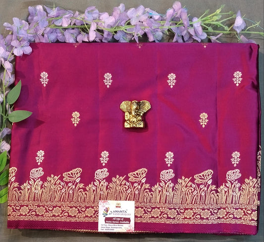 Wine Mushroom Silk Saree with Gold & Silver Buttas