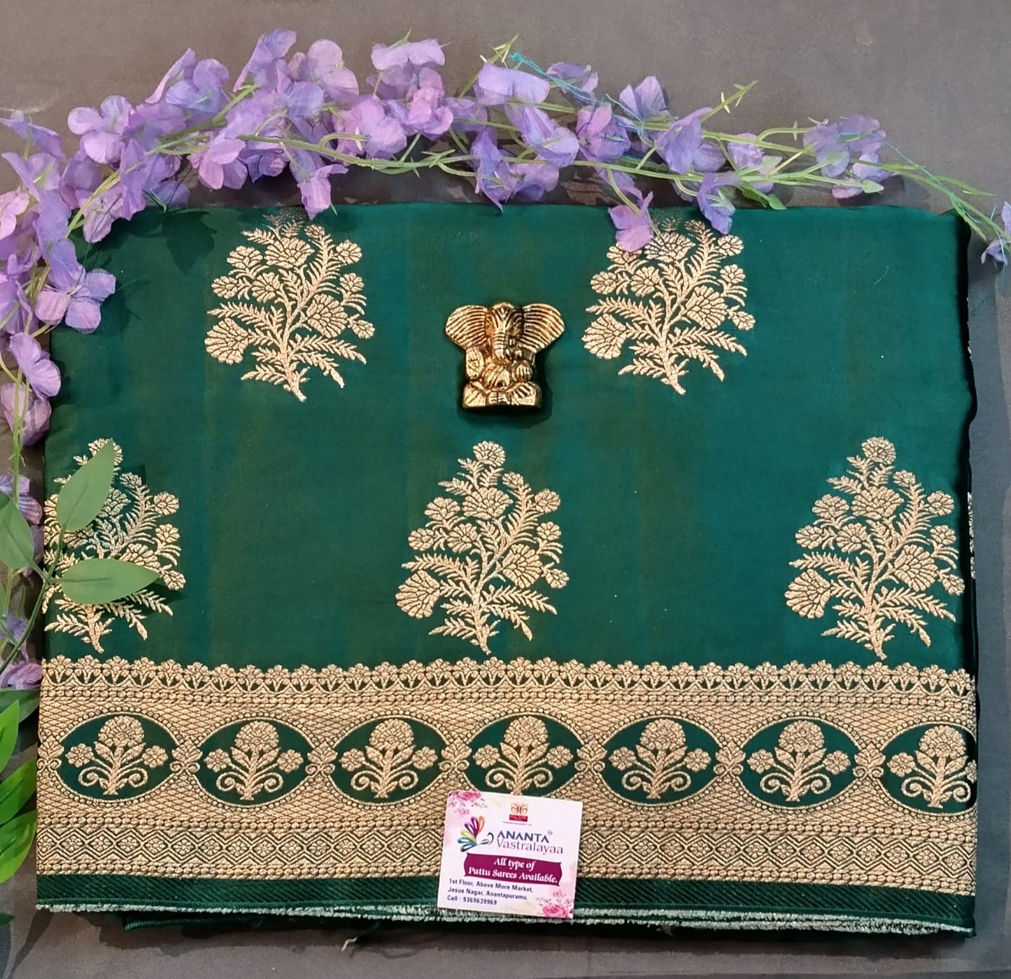 Dark Green Mushroom Silk Saree with Zari Work
