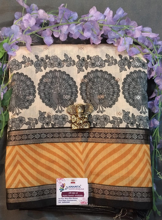 Cream Tussar Silk Saree with Contrast Border