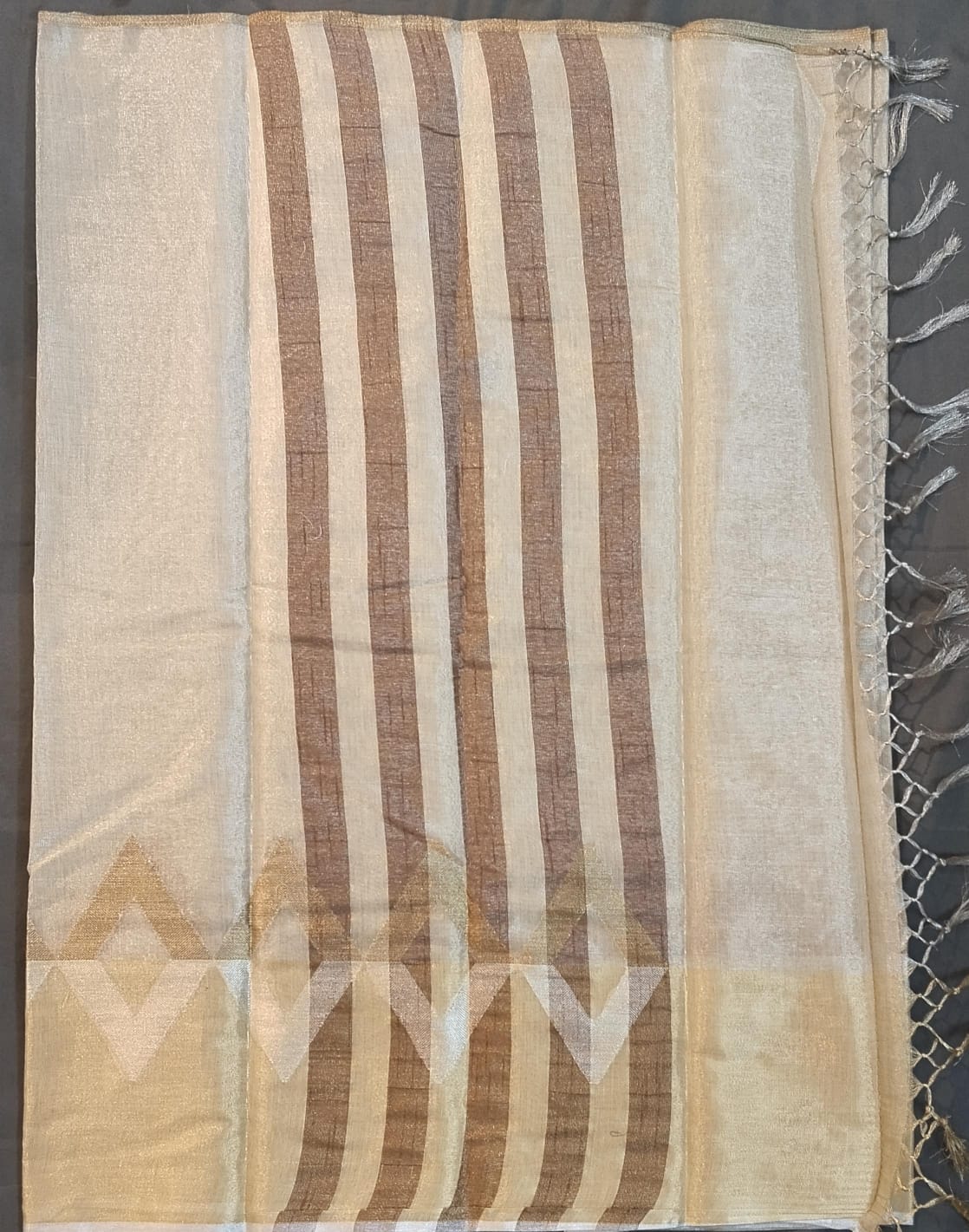 White & Gold Jute Silk Saree with Gold Border