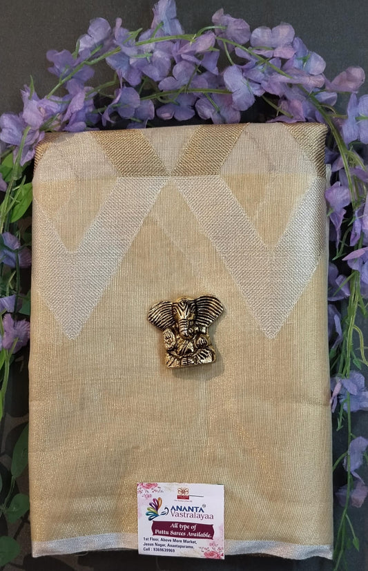 White & Gold Jute Silk Saree with Gold Border